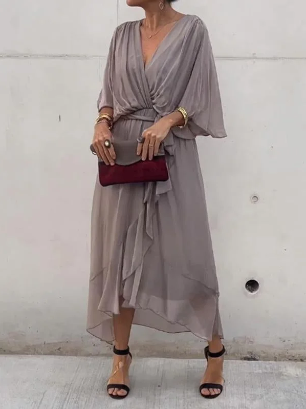 Fiona - groene v-hals chiffon midi-jurk