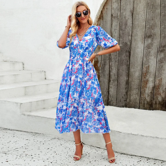 Alette | midi-jurk met pofmouwen en bloemenprint