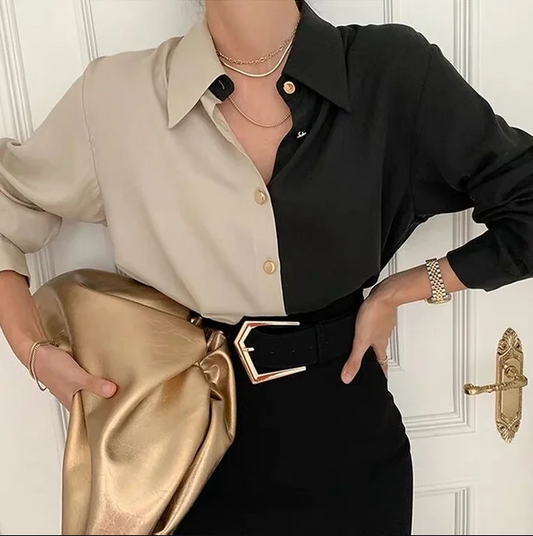 Vintage tweekleurige blouse met lange mouwen voor dames