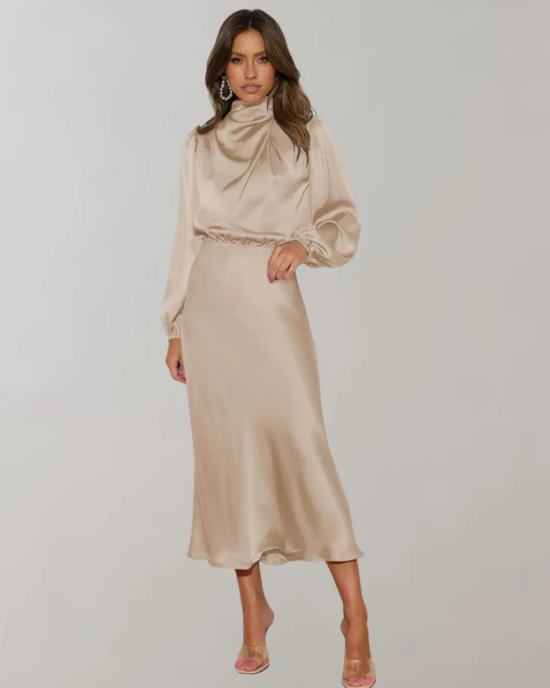 Berit | elegante satijnen jurk met pofmouwen