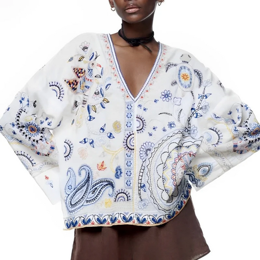 Bianca - shirt met lange mouwen, v-hals en borduursel