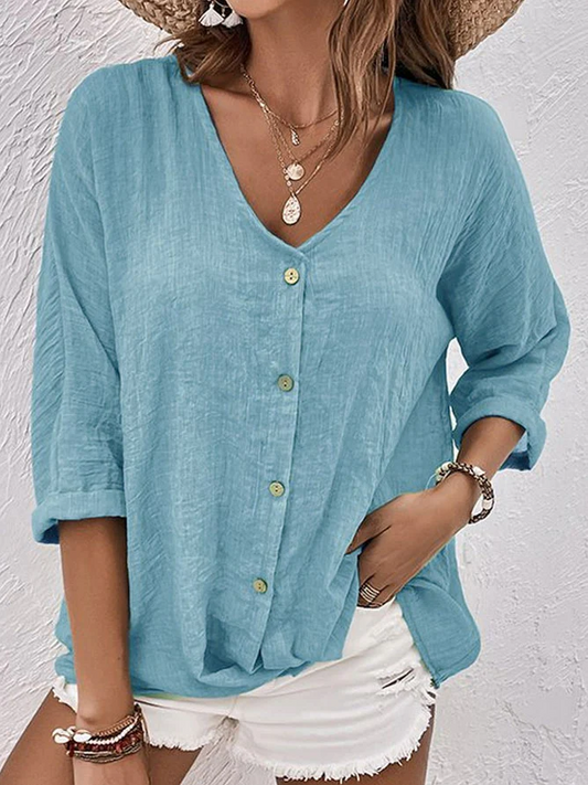 Clara - blauw linnen shirt met v-hals