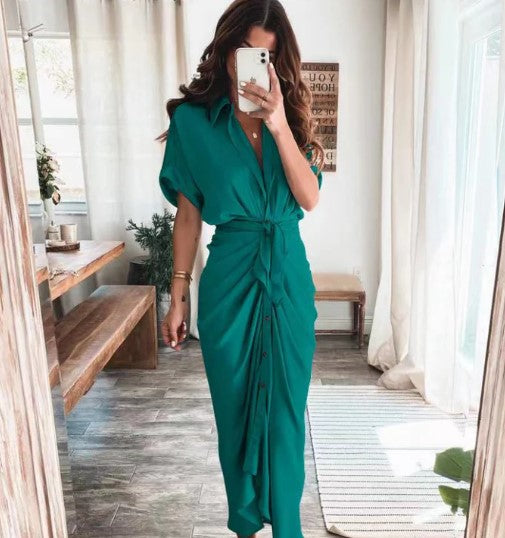 Ava – maxi-jurk met print, korte mouwen en strikknoop in de taille