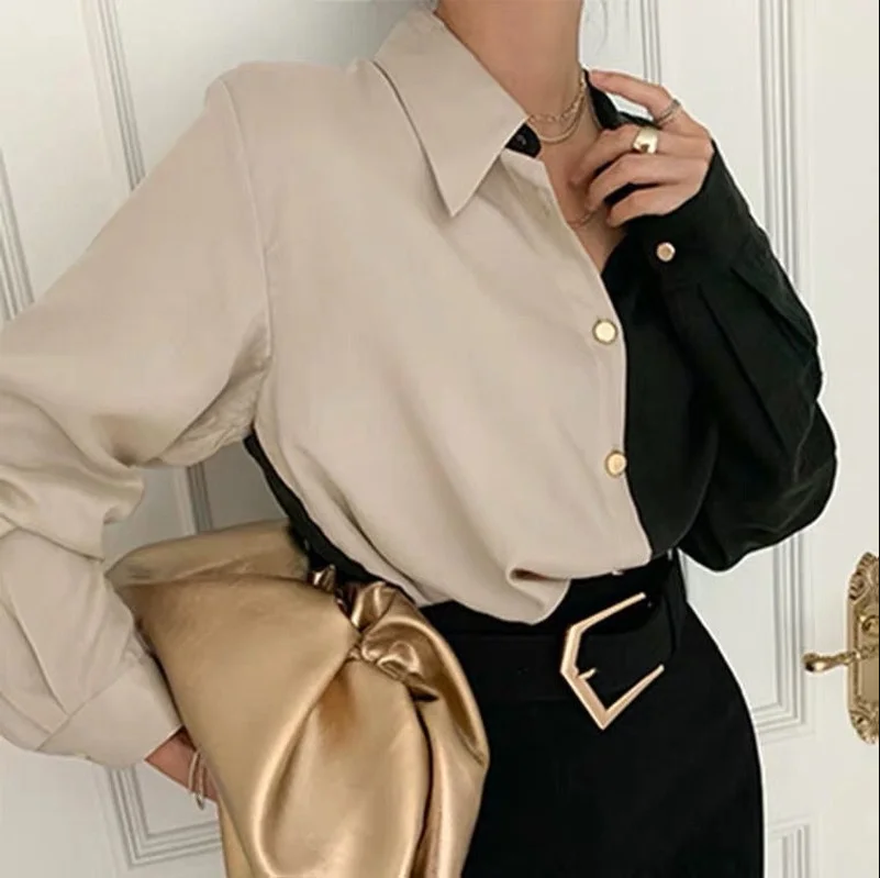 Vintage tweekleurige blouse met lange mouwen voor dames