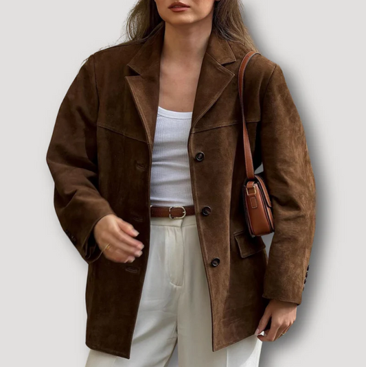 Hedi - oversized suède lange jas met omgeslagen kraag