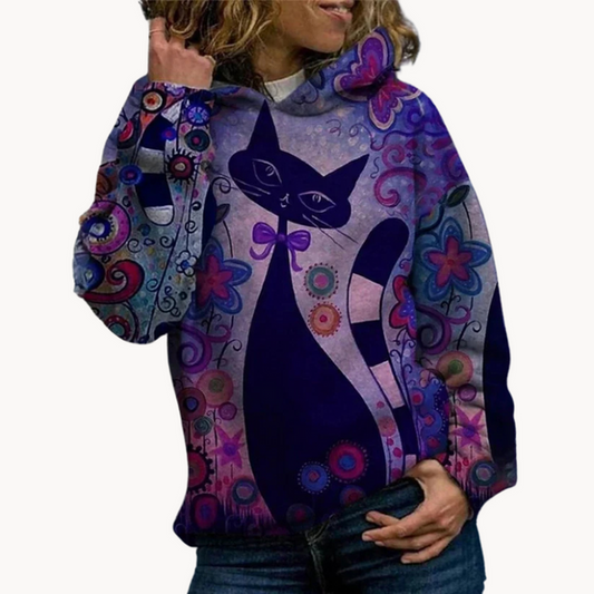 Astrid - elegante dameshoodie met kattenprint