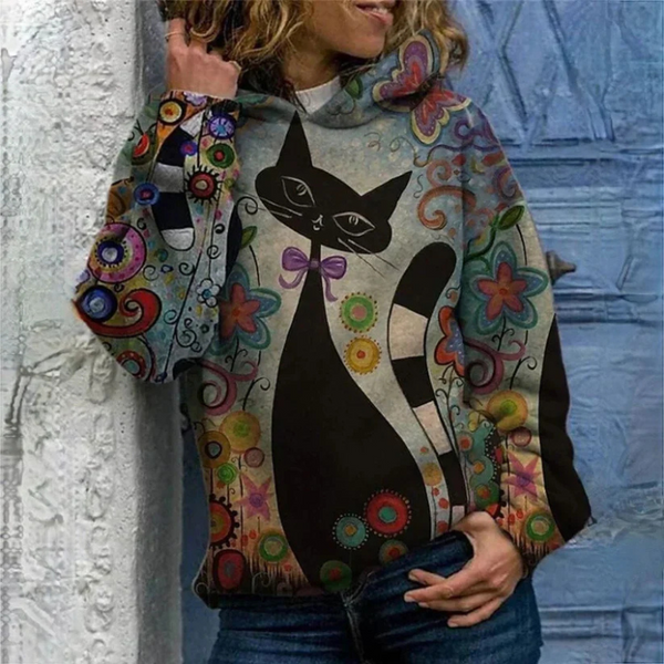 Astrid - elegante dameshoodie met kattenprint