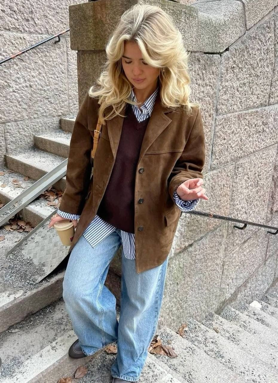Wildlederjacke – Vintage – Braun – Oversize-Jacke – Damenjacke-Leyna Moda