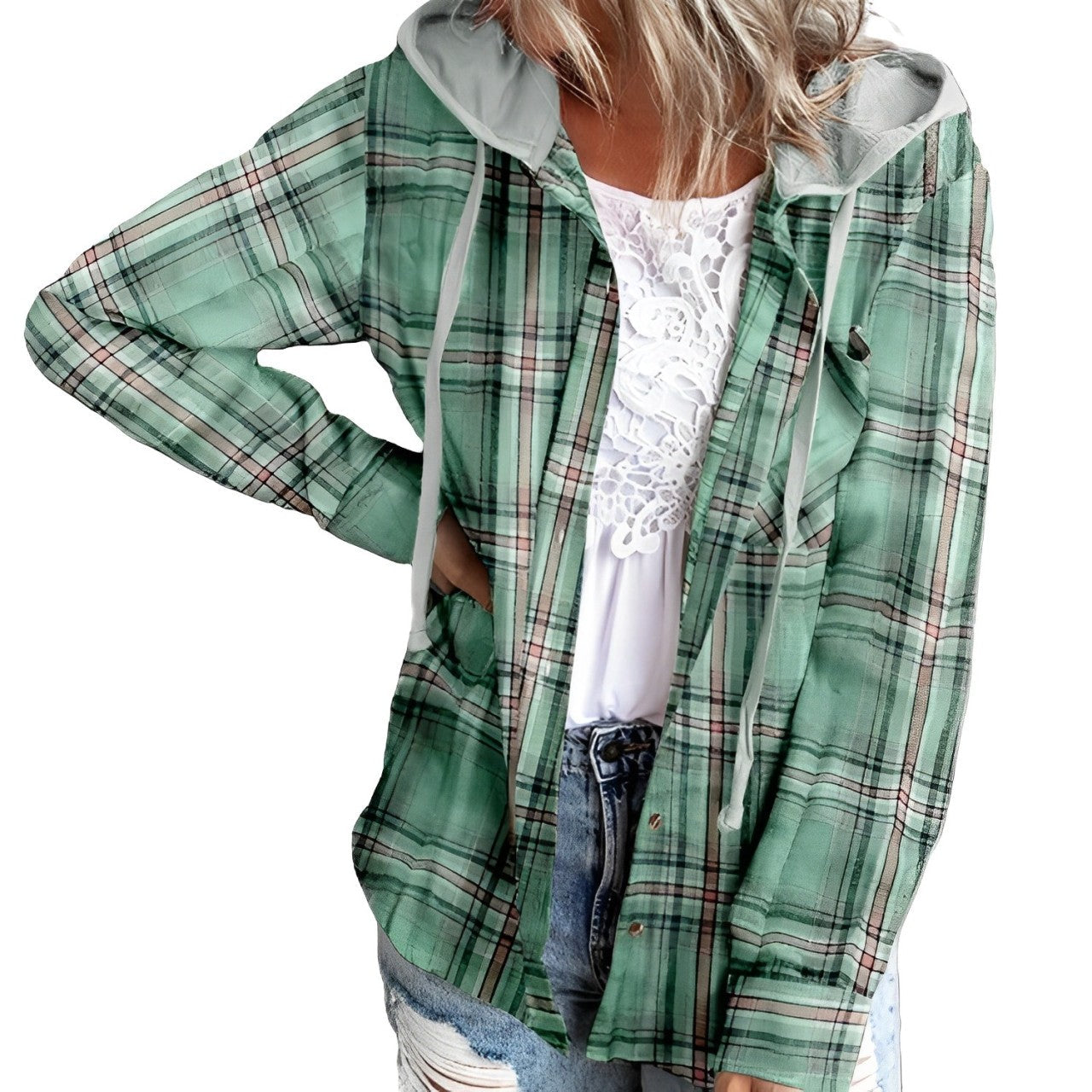 Nina - geruite jas met capuchon en trekkoord