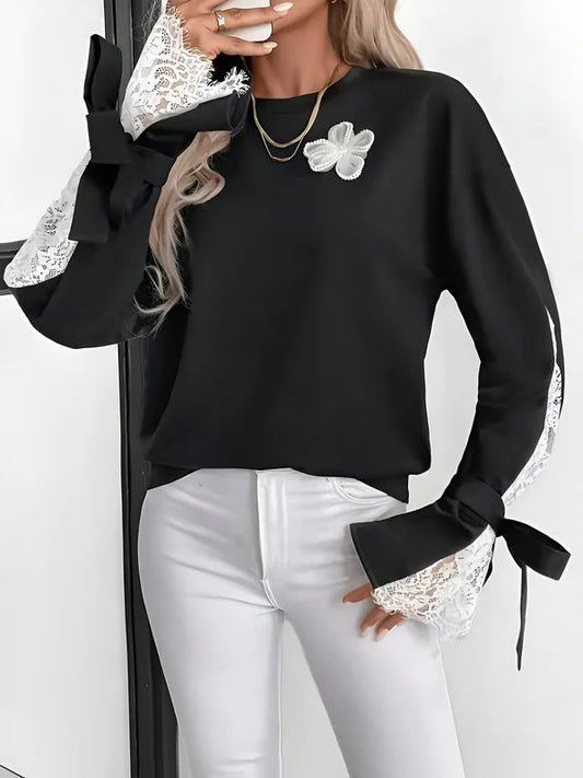Agatha - elegant sweatshirt met kleurblokken en gebloemde kanten patch voor dames