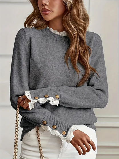 Vandy - trui met ronde hals en ruches van kant