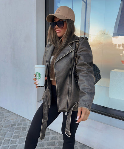 Zita - vegan oversized leren jas donkergrijs