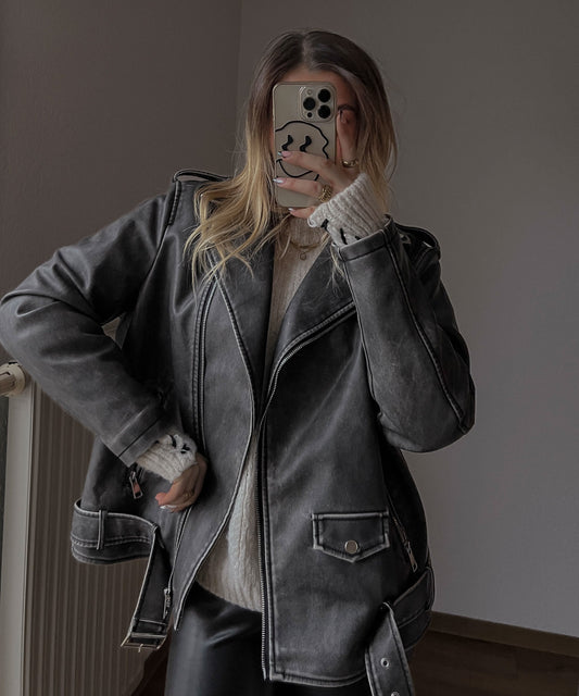 Zita - vegan oversized leren jas donkergrijs