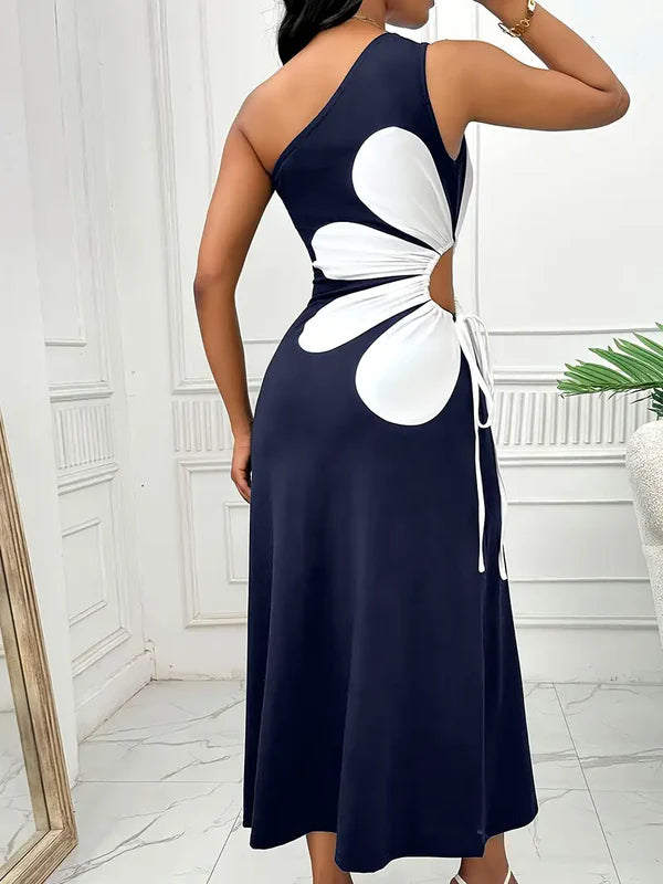 Maggie - modieuze rode damesjurk met één schouder en roze bloemenprint, mouwloos