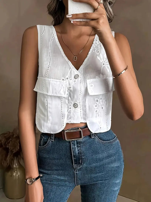 Brina | chique zomervest met gebloemde oogjes en V-hals zonder mouwen